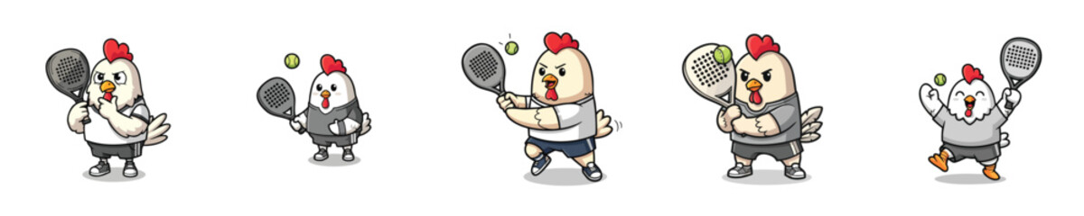Fototapeta premium Tennis Player Rooster Mascot Character Flat Design Set