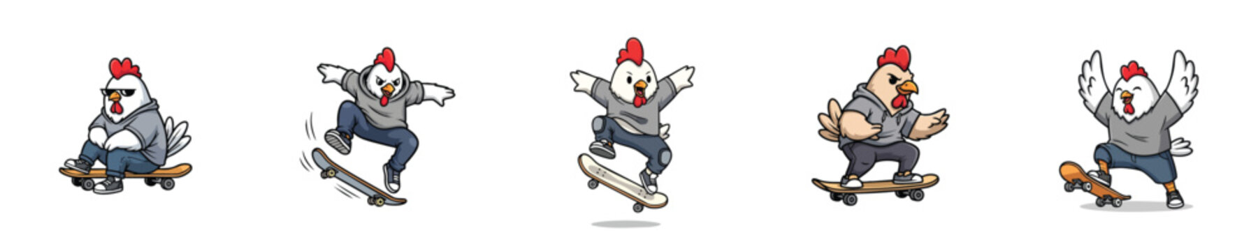 Extreme Sports Skateboard Chicken Mascot Flat Vector Collection