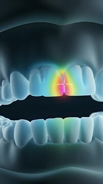 CGI dental visualization of occlusal interference detection with heatmap analysis showing jaw misalignment and corrective light application on teeth against a dark abstract background