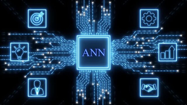 Neural Network Chip with Business Icons and Circuitry