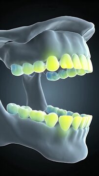 CGI Depiction of Temporomandibular Joint Load Distribution Forces and Dispersal with Anatomical Jaw and Tooth Structures in Cool Blue and Green Tones on a Dark Gradient Background Detailed Medical