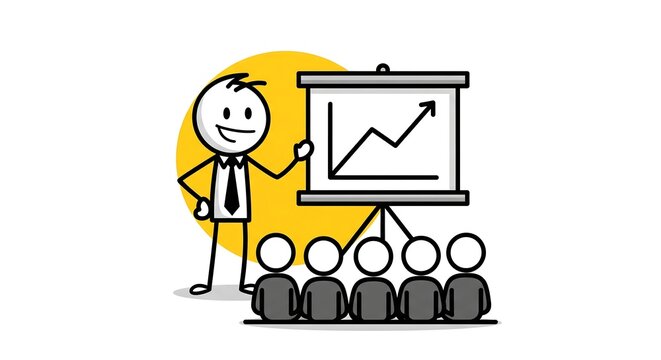 A stick figure businessman presents a rising graph on a whiteboard to an audience of stick figures.