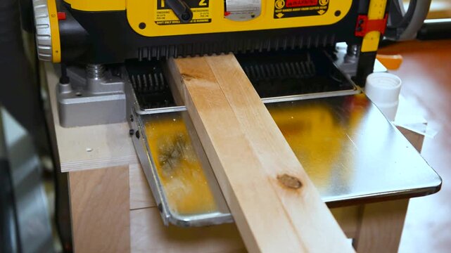 A wood plate passing through the thickness planer machine in a carpentry workshop. Woodworking process, furniture preparation, handmade craftsmanship, carpentry studio.