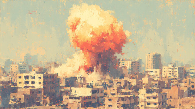 
Massive Explosion Over Middle Eastern City Urban Destruction And Conflict Concept, 2d panoramic scene with copy space