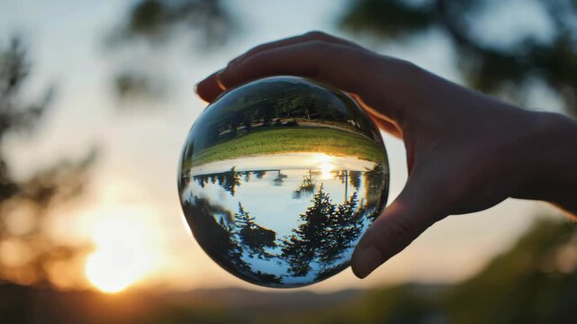 Hand holding crystal glass sphere reflecting sunset landscape with trees and nature upside down, perspective, creativity, nature, photography, imagination, inspiration, and beauty of natural worlds.