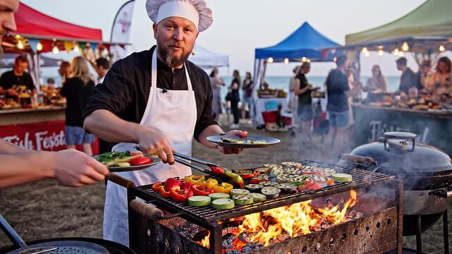 Chef Grilling Vegetables at Beach Market.