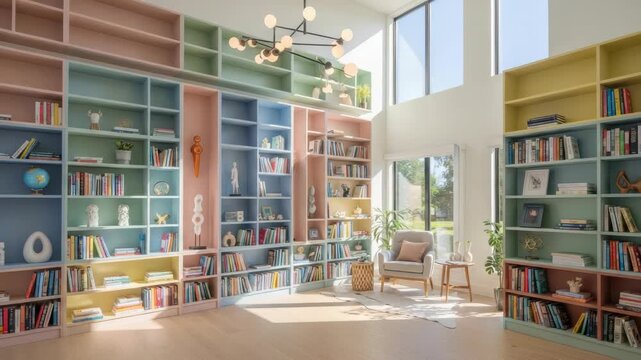 Colorful library interior design with bookshelves and modern decor