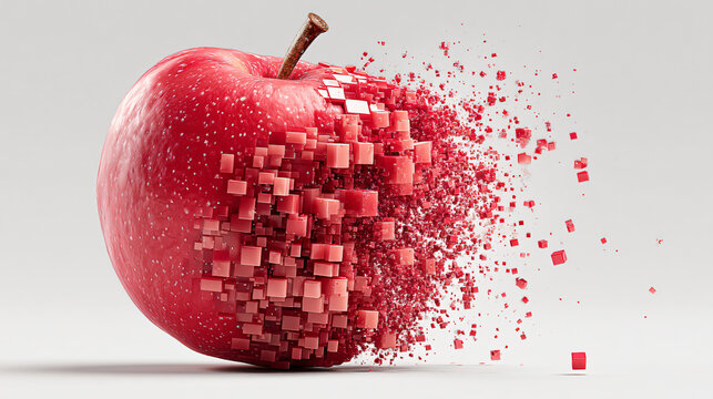 Red apple exploding into digital pixels on white background