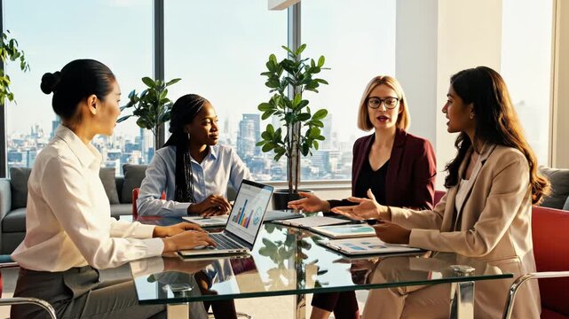 Diverse group of businesswomen discussing data on a laptop with a cityscape background in a modern office