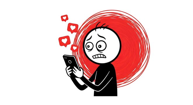 An anxious stick figure stares at a smartphone, overwhelmed by social media likes and a chaotic red background.