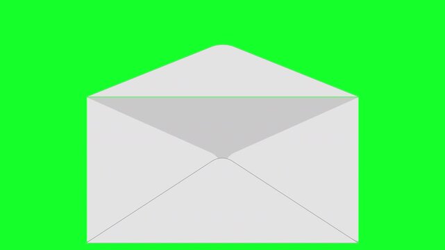 traditional paper letter envelope vector pops up spinning on screen before opening up the flap before closing and then spins away, mail 4K animated icon symbol with green screen chroma key

