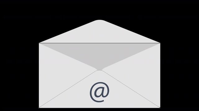 email @ sign logo on a paper letter envelope pops up spinning on screen before opening up the flap before closing and then spins away, electronic mail 4K animated icon symbol with transparent alpha 