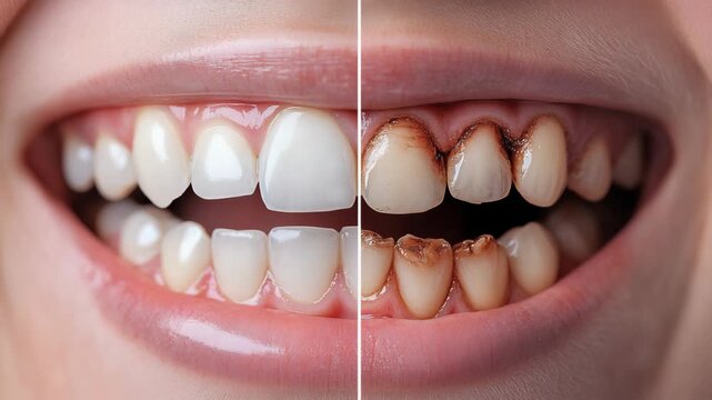 Close-up of smiling mouth showing contrast between healthy white teeth and decayed brown damaged ones, dental care, oral hygiene, tooth decay, health comparison, importance of professional dentistry
