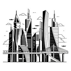 Obraz premium Futuristic cityscape with tall buildings.