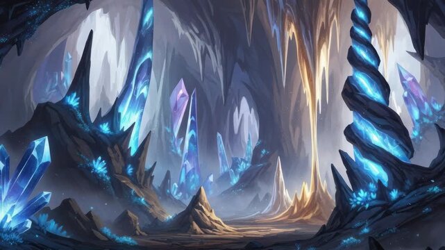 Fantasy cave illustration with glowing crystals
