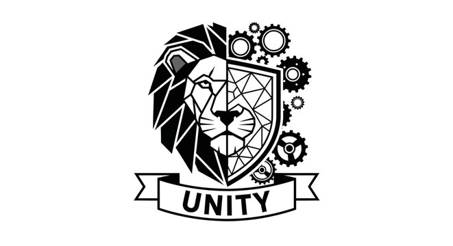 Geometric lion head with shield design.