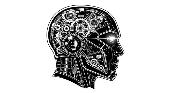Mechanical Head with Gears Inside Brain.