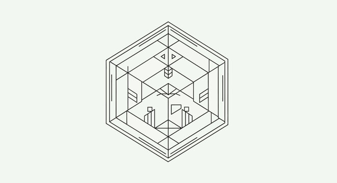Hexagonal 3D wireframe cube structure model.