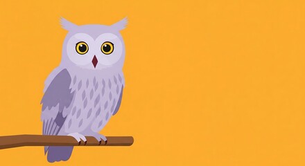 Obraz premium A charming cartoon illustration of a light purple owl with large yellow eyes perched on a brown branch against a vibrant orange background.