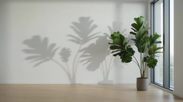 Large potted plant casts dramatic shadows on a plain wall near a window