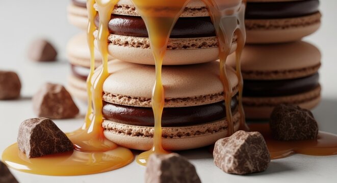 Delicious macarons with caramel dripping down with chocolate fillings