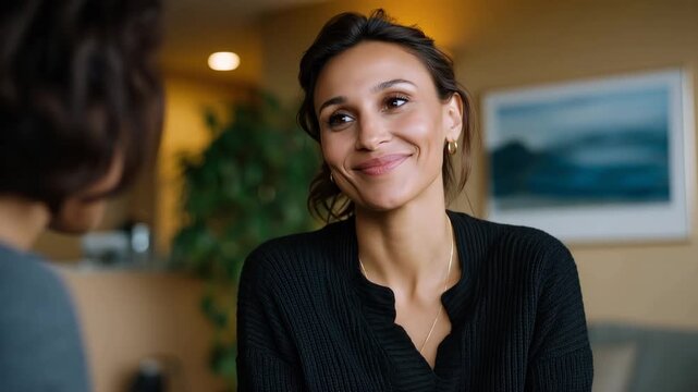 Two women having a supportive conversation indoors, medium shot, both women partially visible, focus primarily on the woman on the right but with deeper depth of field so backgroun