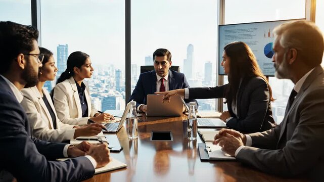 Diverse group of businesspeople sitting around a conference table with laptops and notepads in a highrise office with a cityscape background