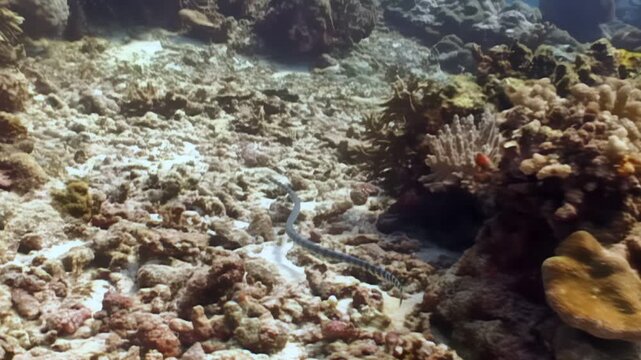 Observe a Banded Sea Krait swimming across a coral reef in the daylight. The reptile, with distinct black and white bands, navigates the reef during its underwater hunt.