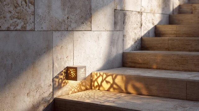 Warm sunlight illuminates a textured stone staircase and wall, casting decorative patterned shadows from an embedded architectural light fixture.