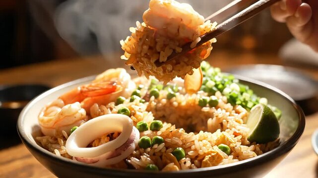 Steaming rice dish with seafood and vegetables close up culinary photography