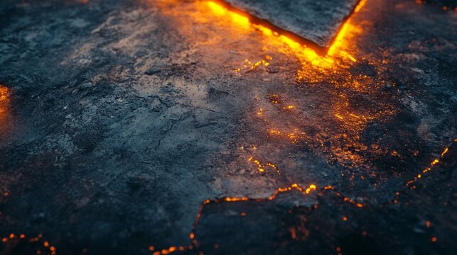 Fiery molten lava cracks on charred earth surface