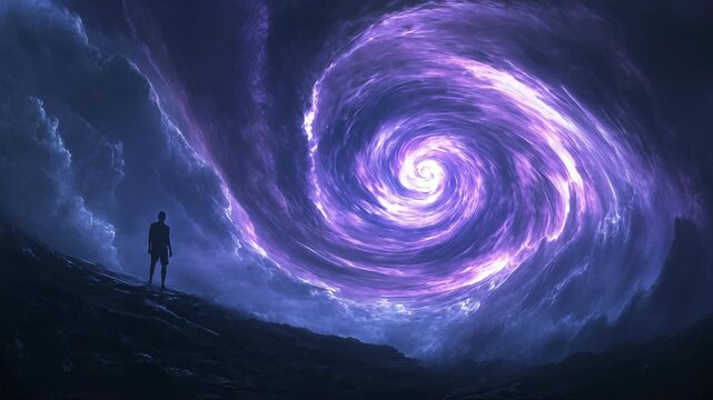 Mysterious silhouette of a person standing on rocky terrain beneath a vast cosmic spiral glowing in purple light, surreal fantasy, infinite space, cosmic wonder, and the search for universal truths.