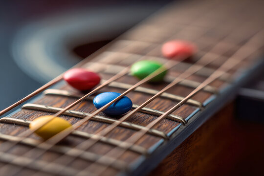 Colorful small candy pieces placed on the strings of a wooden acoustic guitar neck creating a playful and artistic musical composition close-up view with shallow dep