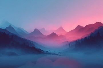 Obraz premium Serene mountain valley at dawn with misty atmosphere