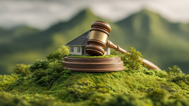 Legal concept of property rights illustrated by a gavel and house resting on a moss-covered hill with blurred natural mountain scenery in the background