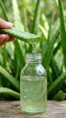 Aloe vera leaf dripping clear gel into small glass bottle on wooden surface