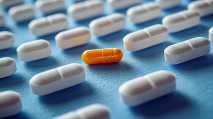 Orange Capsule Standing Out Among White Tablets on Blue Background
