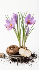 Purple crocus bulbs with green shoots and gardening fork on white background