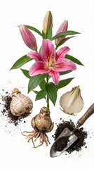 Pink lilies with bulbs and garden trowel arranged on white studio background