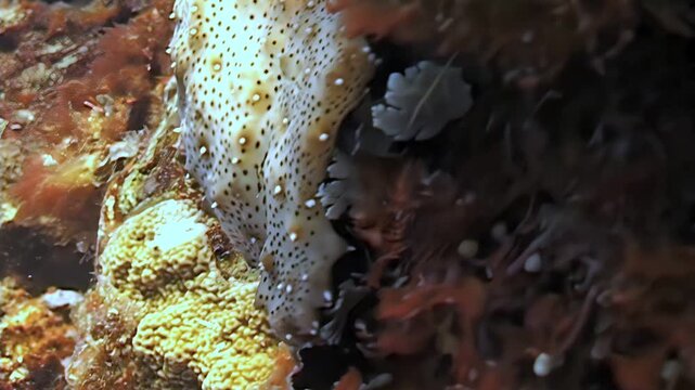 A sea cucumber moves along a colorful coral reef. It grazes on organic material in the waters between Papua New Guinea and Indonesia during the daytime.