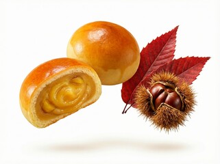 Momiji Manju, japanese sweets on white. Chestnut buns with glossy crust and chestnut in burr beside red autumn leaves
