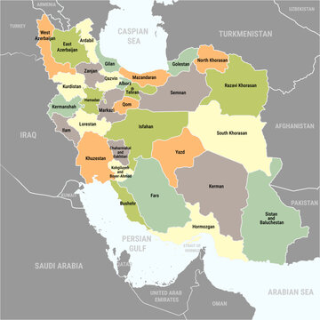 Iran map. Vector political map with divisions into provinces. Correct contours and proportions. Borders of neighboring states with names.