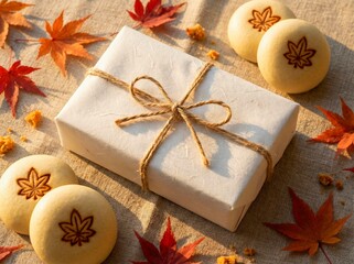 Momiji Manju, Japanese sweets Wrapped gift with maple leaf sweets and autumn leaves on rustic fabric surface