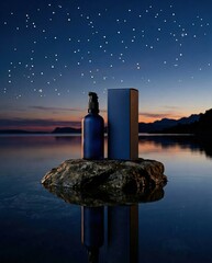 Skincare bottle and box on rock reflected in calm lake under starry twilight sky