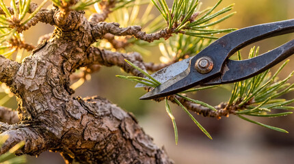 Cutting green leaf miniature bonsai tree sharp metal scissors traditional japanese botany garden authentic oriental plant care nature hobby beautiful floral background organic