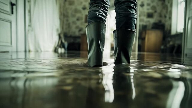 Person in rubber boots standing in flooded house interior, symbolizing natural disaster, home flooding, emergency situation, water damage, insurance, climate change impact, aftermath of heavy rainfall