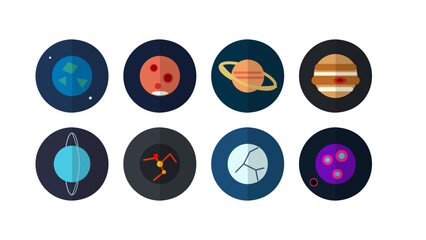 Set of flat design solar system planet icons including Earth, Mars, Jupiter, and Saturn. Professional vector set for educational space science projects, web apps, and astronomical infographics. © Imaster