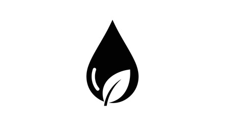 Fototapeta premium Black Water Drop with Green Leaf Outline Icon, Symbolizing Water Conservation and Nature on Isolated White Background