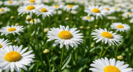 Close up of numerous blooming daisies in a field under daylight