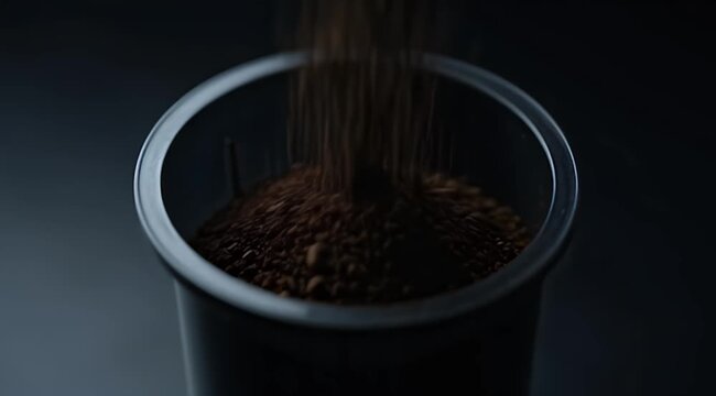 Finely ground dark coffee beans pour into a dark container